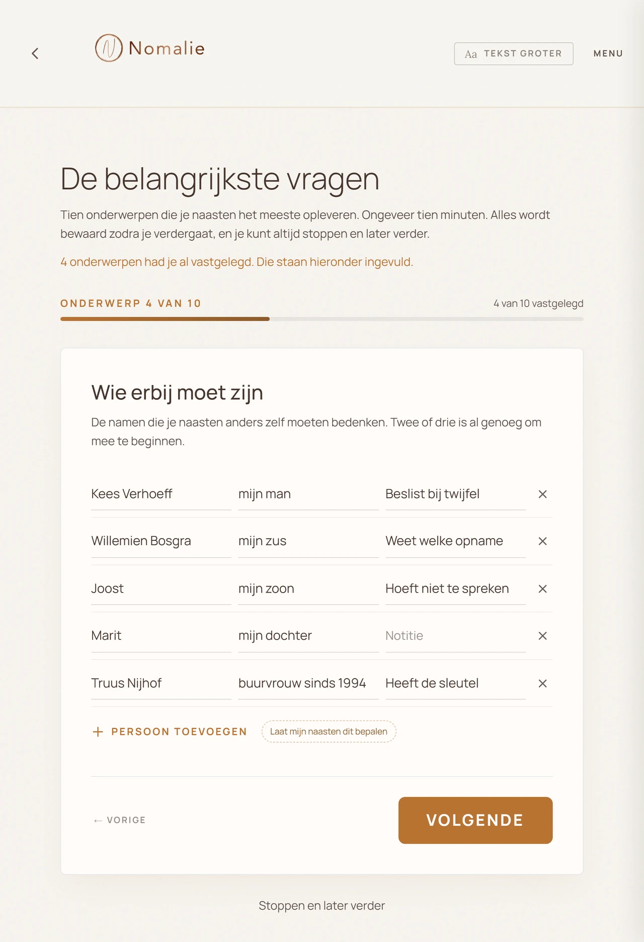 De vraag wie erbij moet zijn, onderwerp 4 van 10, met vijf namen en per naam de relatie