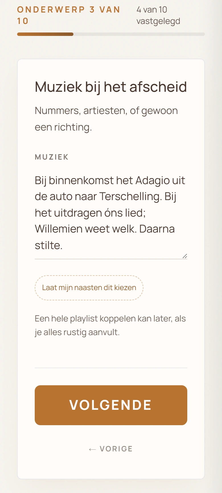 Dezelfde vragenreeks op een telefoon, met de vraag over muziek bij het afscheid
