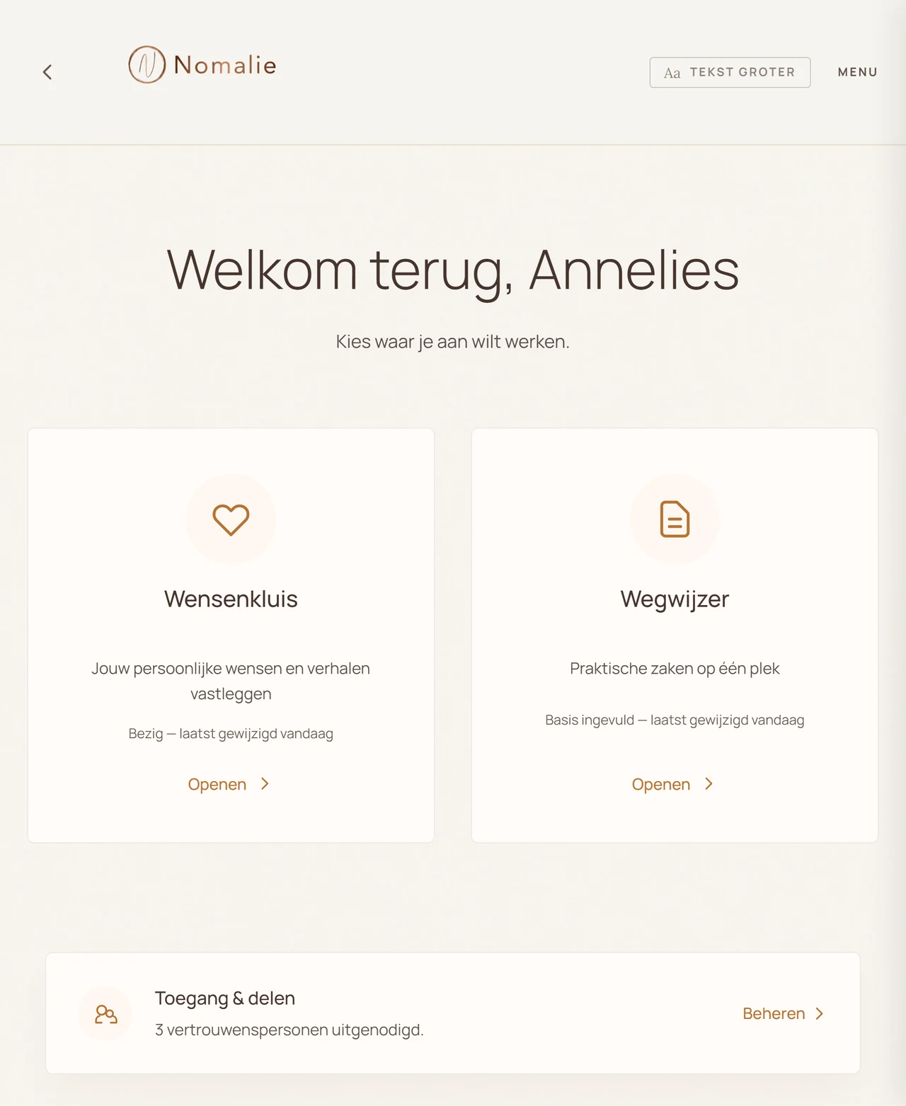 Overzicht van een persoonlijke omgeving met twee kaarten: Wensenkluis en Wegwijzer, elk met de stand van zaken