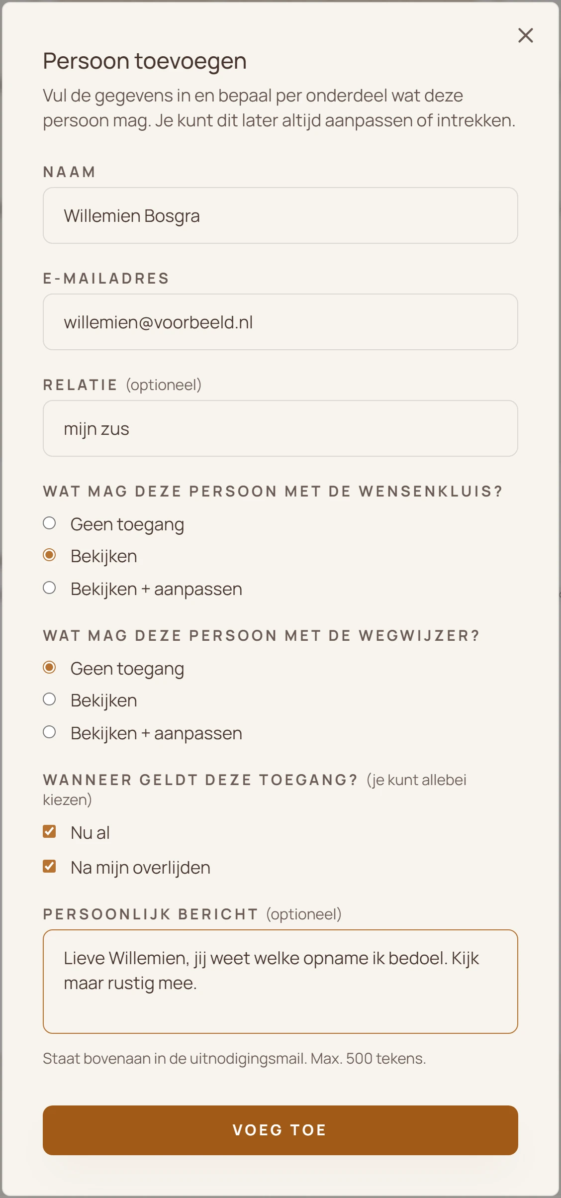 Venster om een vertrouwenspersoon uit te nodigen, met per onderdeel de keuze geen toegang, bekijken of bekijken en aanpassen