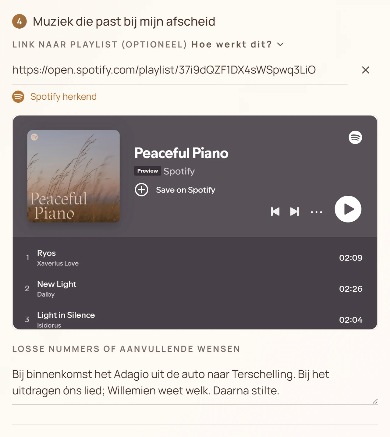 Een gekoppelde Spotify-playlist in de Wensenkluis, met de speler direct onder het invoerveld