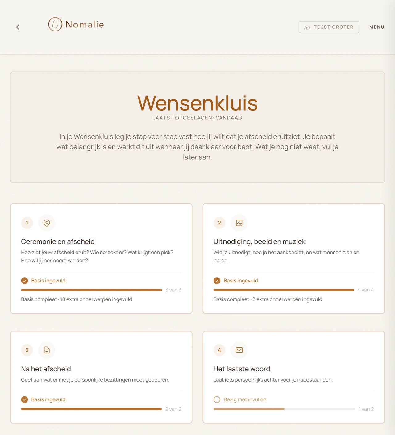 De Wensenkluis met vier blokken: ceremonie en afscheid, uitnodiging beeld en muziek, na het afscheid, en het laatste woord