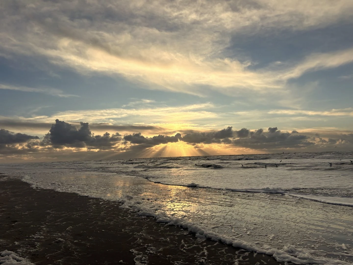 Zee bij zonsondergang met zonnestralen